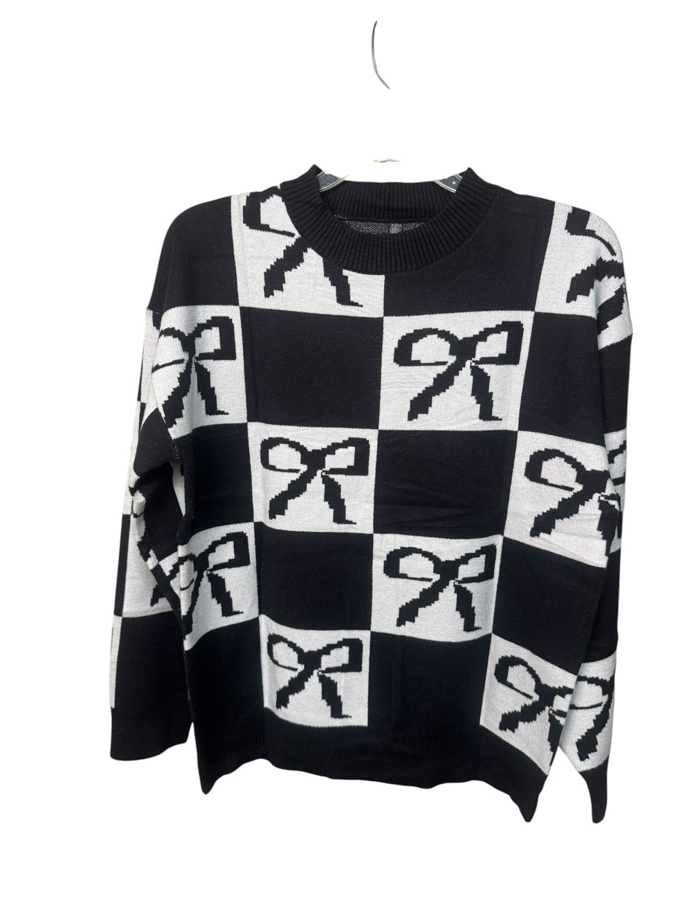 Black & White Bow-Pattern Crewneck Sweater - Women